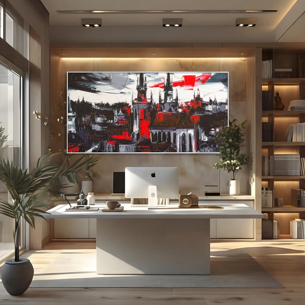 Tablou canvas cu pictura canvas cu turle gotice si accente rosii, in rama de aluminiu argintiu, pe perete intr-un birou